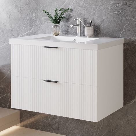 Badmöbel Unterschrank Schubladen mit Kunststein Waschbecken Weiß 80cm