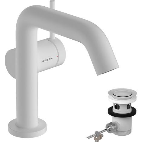 Mitigeur de lavabo avec tirette et vidage, Robinet salle de bain 110mm, Blanc mat (1/5)