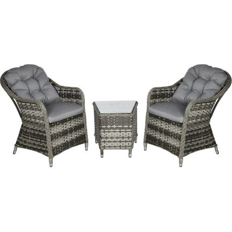 3 Pieces Rattan Bistro Set, Wicker Garden Bistro Set, Glass Top Balcony Table and Chairs with Cushions for Outdoor, Patio, Balcony, Grey