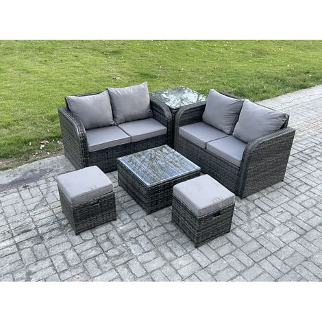 Fimous Rattan Sofa Set Outdoor Garden Furniture Set with Square Coffee Table Loveseat Sofa 2 Small Footstool Side Table Dark Grey Mixed (1/5)