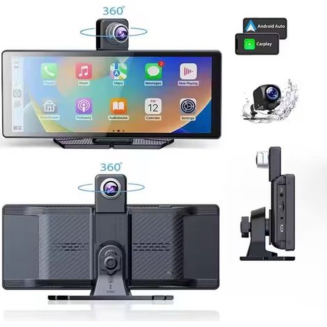 Caméra embarquée Carplay avec WiFi, navigation, console centrale et caméra de recul, double enregistrement avant 4K 10,26 pouces et arrière 1080P (rotation de l'objectif à 360°), support de bureau et (1/5)