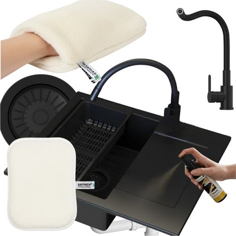 Évier cuisine en granit 1 bac avec égouttoir gauche 57 x 47 cm noir, kit avec mitigeur Grado Plus, siphon gain de place, égouttoir télescopique, kit de nettoyage Raypath et GraniProtect 30 ml, Bello (1/5)