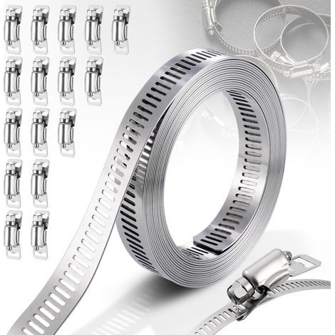 5M Colliers de Serrage Inox 304, Bande Perforée en Métal Réglables avec 16 Pièces Fixation, Collier Serflex Inox pour Tuyaux, Machine à Laver, Piscine, Jardin (1/5)