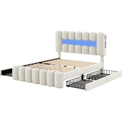 Cama capitoné 160x200 cm beige con 4 cajones, LED, USB y altavoces sin colchón (1/5)
