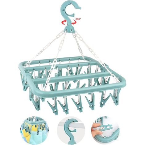 Etendoir Chaussette, Étendoir à Linge à Suspendre avec 32 Pinces,Etendoir Linge Interieur Extérieur Suspendre, Sechoir a Linge Rotatif Pliant, pour Chaussettes, sous-Vêtements et Petits (Bleu) (1/4)
