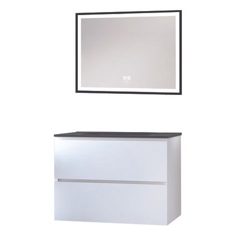 ONDEE ZEN - Meuble salle de bain TRENDY - 80 cm - Blanc mat - 2 Tiroirs - Plan noir + miroir SELENA (1/3)