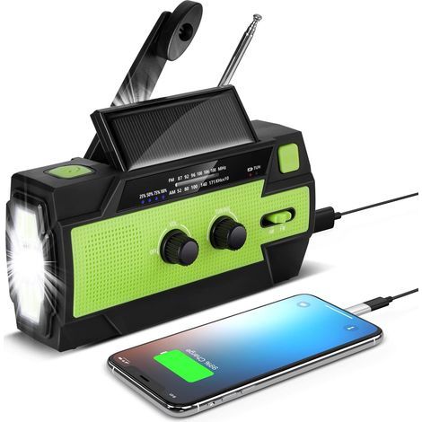 Radio solaire portable à manivelle – Batterie 4000mAh – 4 modes lampe de poche – Alarme SOS – Charge USB et solaire – AM/FM/WB (1/5)