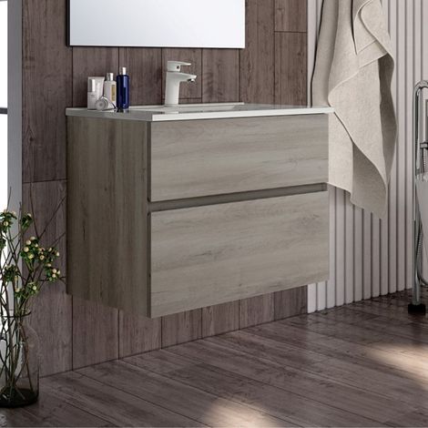 Mueble de baño suspendido 70 cm con 2 cajones en roble gris - Londry (1/2)