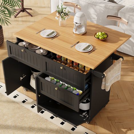 Îlot de cuisine 133x37.3x88 cm noir en MDF avec roulettes, rangement et plateau rabattable (1/5)