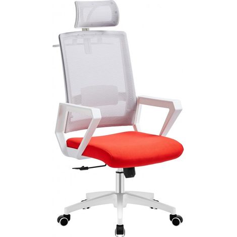 ORION91 Silla ESENTIAL de Oficina Director con Ruedas - Color Blanco Respaldo Ergonómico Transpirable Malla Gris y Asiento Rojo 60x63x125 cm Oficina Teletrabajo - SpazioLuzio
