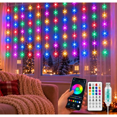 Tenda Luminosa Natale 80 LED Fiocchi di Neve RGB Multicolore 3x0,8 Metri USB 5V con Telecomando APP Smartphone Timer e Musica per Finestre e Interni (1/4)