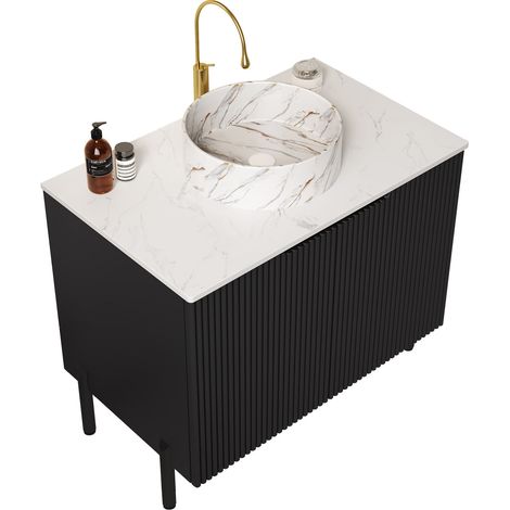 Mueble de baño con lavabo cerámico redondo 76 cm, encimera de piedra sinterizada, negro HOMVRA (1/5)