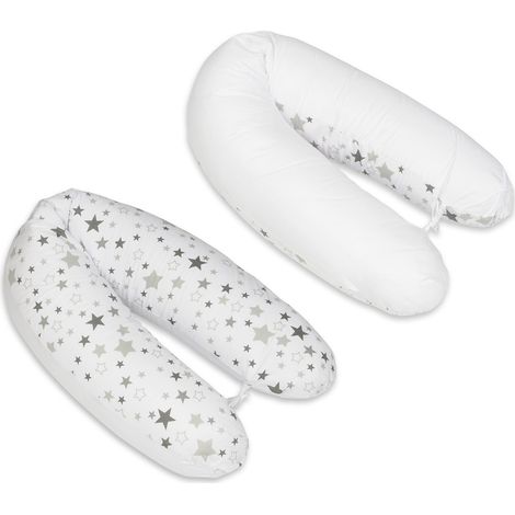 Coussin d'allaitement - Coussin de grossesse - 100% coton - avec ficelles - 145 cm - étoiles blanches / grises sur blanc - blanc (1/3)