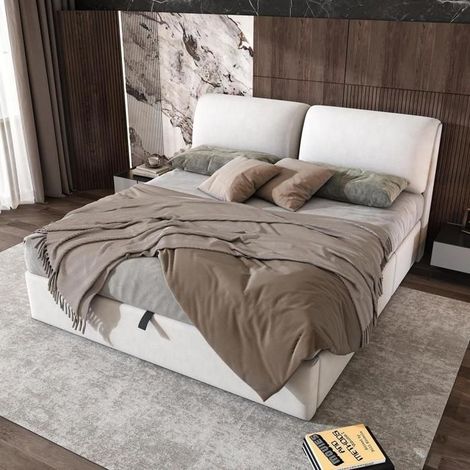 Lit rembourré - KOMHTOM - 180x200 - Velours beige - Coffre hydraulique + 3 tiroirs - Sommier à lattes (1/5)