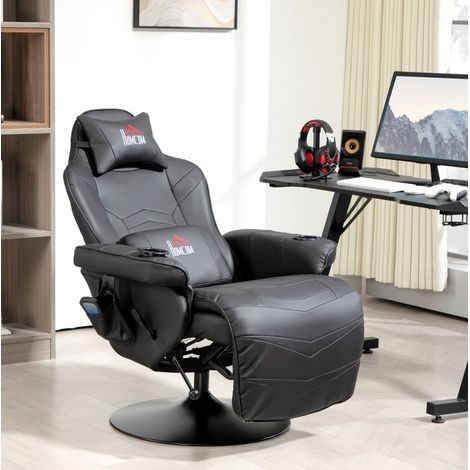 Sillón gaming masajeante reclinable con reposapiés, acero, polipiel negra (1/5)