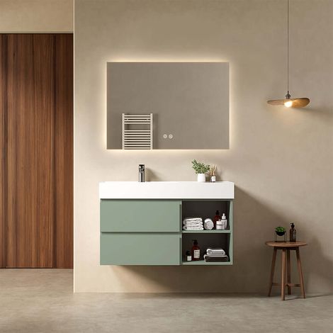 Mobile bagno sospeso 100 cm Verde Salvia Lavabo a Sinistra in Resina Specchio Quadro Retroilluminato - Fiji Paint Plus (1/4)
