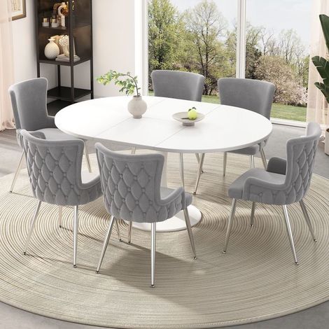 Chaise de salle à manger lot de 6, revêtement velours Chaise rembourrée, structure métal argenté, confort haute capacité (1/5)