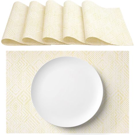 Lot de 6 Sets de Table tressés en PVC, 30 x 45 cm, Motif géométrique Jaune Pastel, faciles à Nettoyer, pour Table à Manger, Cuisine et extérieure (1/5)
