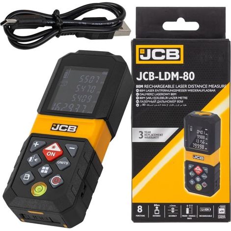 Telémetro Láser Digital LCD JCB 80m, Medición Precisa de hasta 80m, Precisión de +/- 3 mm, Cálculo de Área y Volumen, Pantalla LCD, Cargador USB-C, Ideal para Construcción y Bricolaje.