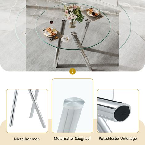 Table ronde de 89 cm,en verre trempé,avec des pieds solides en métal argenté