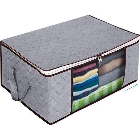 Lot de 3 Sac de Rangement Vetement 35L, Boîte de Rangement Sous lit Pliable, Housse Rangement Couette Organisateur de Placard, Fenêtre Transparente en Tissu Solide pour les Vêtements, Gris (1/5)