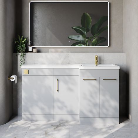 Napoli 390 Gloss Grey Pearl 1500mm 3 Door Vanity Unit Toilet Suite with Right Hand Square Lucia Basin - 1500mm - Brushed Brass 160mm HandleWithout Kingston Toilet Pan
