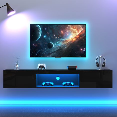 Moderne TV-Meuble 160 cm, Meuble Tele Mural Haut Brillant avec Éclairage LED, Support pour Télévision jusqu'à 70 Pouces, Charge Maximale 35 kg - Noir (1/5)