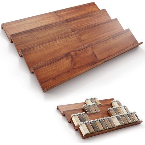 Étagère épices acacia 4 niveaux, lot de 8 – capacité 64 bocaux – pour tiroir cuisine.
