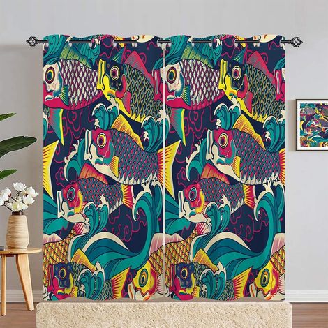 Rideau Occultant Japonais Poisson Océan Vague Rideau Thermique Isolant Tenture Opaque à Oeillets Draperies Intérieurs pour Maison Chambre Salon 2 Panneaux L 107 x H 180 cm - 107L X 180H cm (2 Panneaux (1/5)
