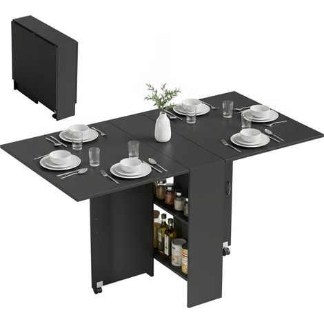 Table noire pliante avec 2 roulettes, 2 étagères et rallonges, 140x75x74 cm, design pratique mobile pour salle à manger