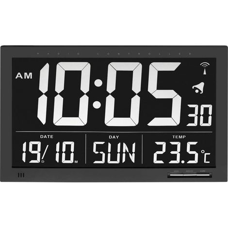 XL Horloge Murale numérique, 60.4505, Grande Horloge Radio-pilotée, avec température, pour Le Bureau/Salle d'attente, avec Fuseau horaire, Jour de la Semaine en Francaise, Noir (1/2)
