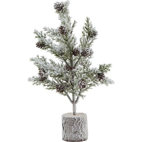 Small Snowy Fir Tree with Pinecones in Wood Log - Plastic - Height 30 cm - Brown