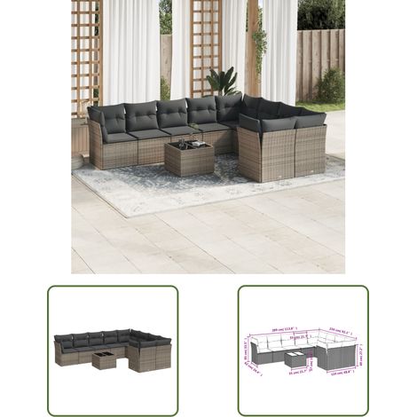 The Living Store 10-tlg. Garten-Sofagarnitur mit Kissen Grau Poly Rattan - Gartenmöbel Set - PE-Rattan Möbel - Outdoor Sofa - Esstisch - Lounge Garnitur (1/3)