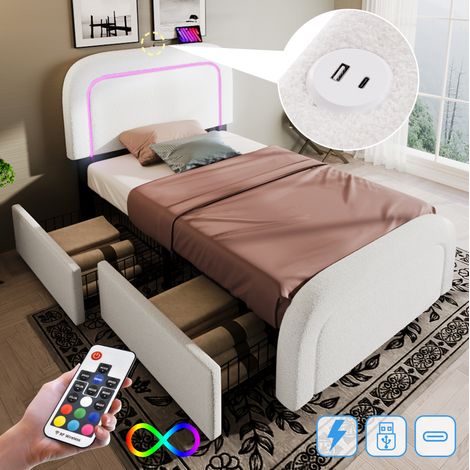 Letto imbottito LED 90x200 cm con 2 cassetti e presa USB Type C, bianco, senza materasso (1/5)