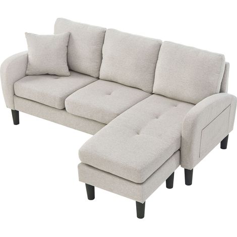 Canapé d'Angle Modulable 3 Places avec Chaiselongue, Assise Confortable, Tissu Coton-Lin, Gris Beige Blanc (1/5)