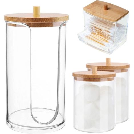 Distributeur de cotons-tiges en acrylique transparent (lot de 4) avec couvercle en bambou, boîte de rangement carrée anti-poussière pour pharmacien et salle de bain.