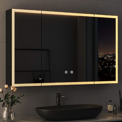 100x60 cm 3 Türen Spiegelschrank Bad mit Beleuchtung LED Spiegelschrank mit Beleuchtung Badspiegel Schwarz mit Beleuchtung Badschrank Hängeschränke mit 3 Einstellbare Lichtfarben Beschlagfrei