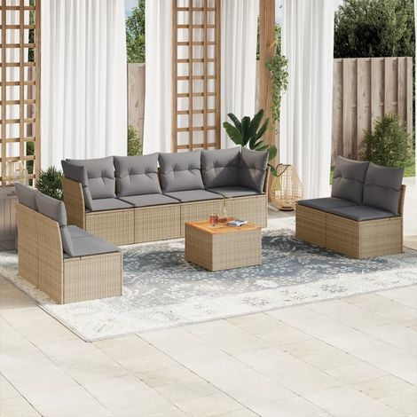 Ensemble Salon Jardin 9 Places Résine Tressée Beige avec Coussins Gris - Canapés d'Angle et Centraux, Table Acacia (1/3)