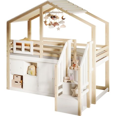 Cama Alta 90 x 200 Cm Con Barandilla, Almacenamiento Múltiple Y Escalera De Almacenamiento, Sin Colchón, De Pino, Blanco Y Natural (1/5)