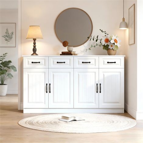 Buffet blanc en MDF avec 4 tiroirs et 4 portes, 2 étagères intégrées, design texturé et 8 poignées métalliques – Meuble de rangement polyvalent pour salon, chambre ou cuisine, large espace supérieur, (1/5)