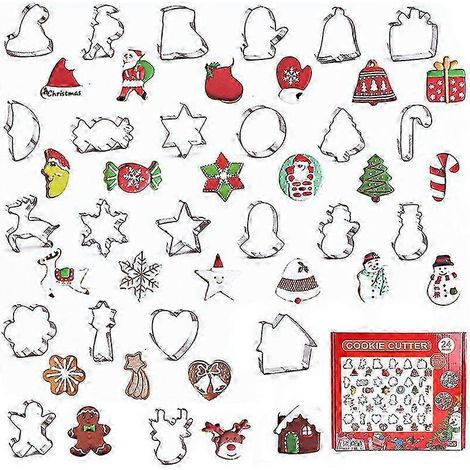 Ensemble de 24 emporte-pièces de Noël - Emporte-pièces en acier inoxydable, formes de Noël, grand, petit, mini bonhomme en pain d'épice, flocon de neige, sapin de Noël (1/5)