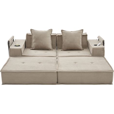 Divano letto matrimoniale in velluto a coste beige chiaro con 2 cuscini e tasche laterali (1/5)