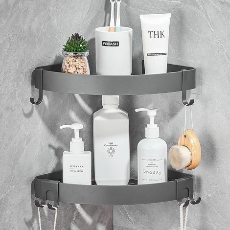 2 Pièces Étagère Douche Angle Aluminium Gris Mat Adhésif Sans Percage Organisateur Salle de Bain (1/5)