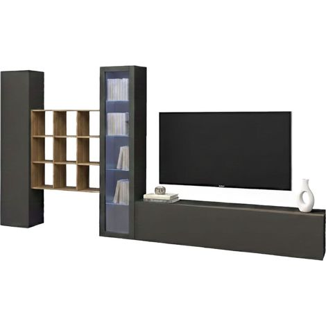 Dmora - Pared Equipada Dcapann, Conjunto de salón Mueble de TV con 4 puertas, Mueble de salón polivalente con vitrina y luz LED, 100% Made in Italy, cm 310x30h180, Antracita y Arce