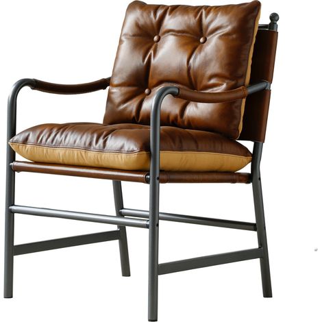 Fauteuil d’appoint en cuir avec structure métal noir, style mid-century, pour salon, chambre, bureau, assise confortable et design élégant – CHICFURN (1/5)