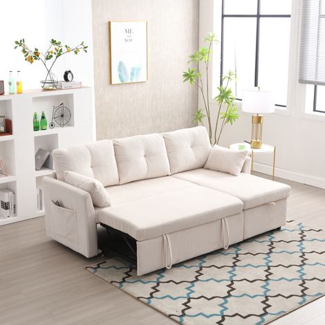 Canapé-lit d’angle modulable beige en tissu côtelé avec rangement, 206 x 108 cm (1/5)