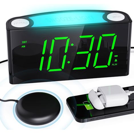 Reveil Vibreur Puissant Fort, Réveil Digitale Veilleuse de Nuit avec Chargement USB Double,Type C, Affichage à LED,Volume de l'alarme Luminosité Réglable,Horloge de Chevet pour Gros Dormeur, Sourds (1/5)