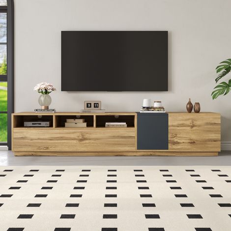 Meuble TV moderne 200 x 45 x 45 cm design contrasté ouvert et portes rangement intégré salon gris noir bois solide (1/5)