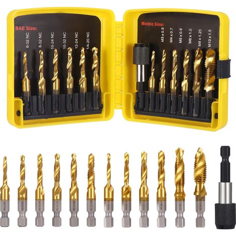 13-teiliges Set bestehend aus Gewindebohrern, Kombinationsbohrern, 6-mm-HSS-Bohrern M3-M10 und SAE 6-32NC bis 1/4-20NC Schneideisen zum Bohren, Gewindeschneiden und Fräsen von Eisen, Aluminium und Kup