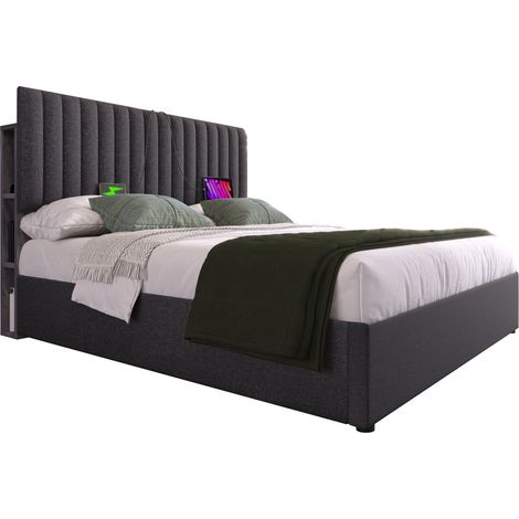 Stauraumbett 160x200 cm aus Leinen, Doppelbett mit LED, USB, Type-C und Verstellbarem Kopfteil, ohne Matratze, Grau (1/5)